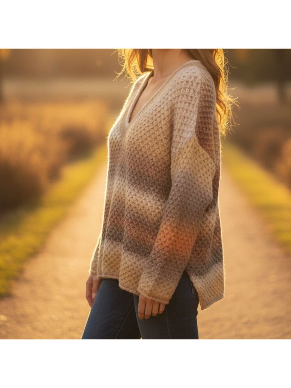 POL Oversized Waffle Knit V-Neck Sweater Small Neutral Stripe Cozy Pullover